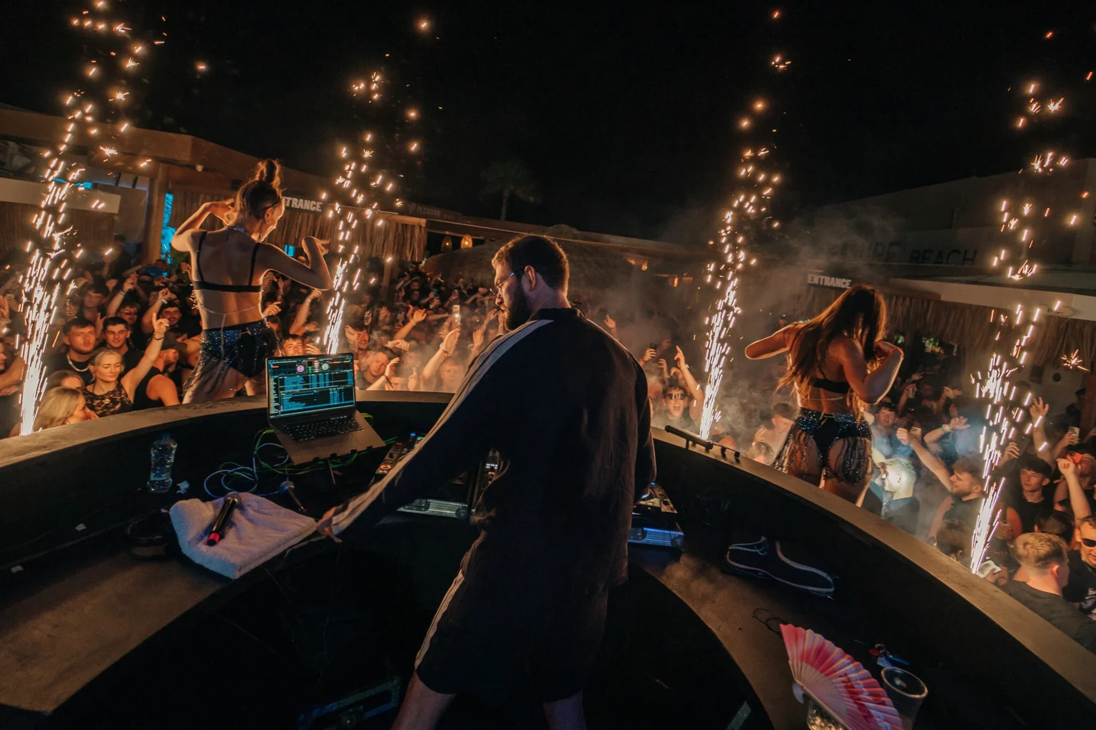 Holiday lads and girls at the Agenda After Party in Albufeira enjoying a DJ set with fireworks, dancing and celebrating at the beach club.