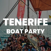 Tenerife Boat Party event artwork showing a packed boat crowd at sea