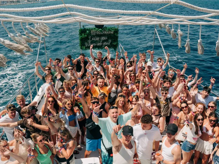 Packed crowd partying on the Ocean Beats Boat in Magaluf