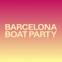Barcelona Boat Party event graphic with bold cream text on a pink, orange and yellow sunset gradient background.