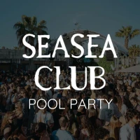 eaSea Club Pool Party event graphic showing a packed crowd, palm trees and stage setup in Barcelona with bold white text over the image.