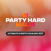 Malia Ultimate Events Package 2027 promotional graphic with Party Hard Travel branding