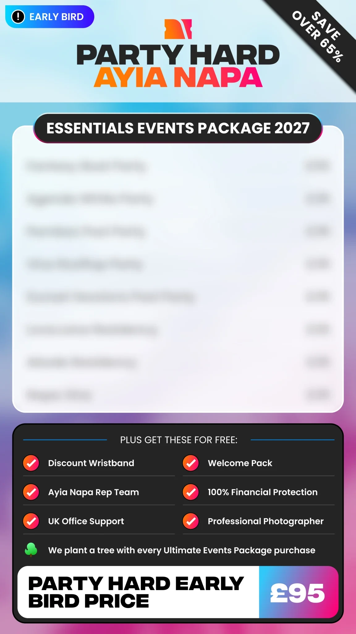 Ayia Napa Essentials Events Package 2027 Early Bird graphic showing £95 price and included package benefits